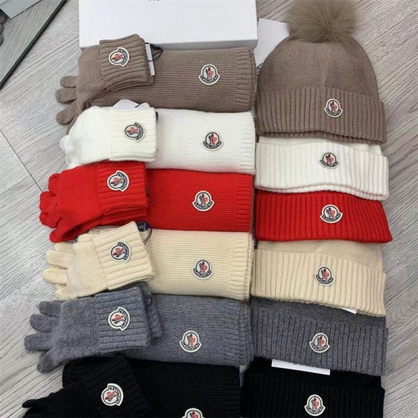 Moncler モンクレールニット帽マフラー手袋3点セットコピーメンズレディースペアブランド冬防寒帽子スカーフ手袋ハイブランド帽子モンクレールメンズブランドニット帽子冬女性ブランド帽子ハット小顔効果
